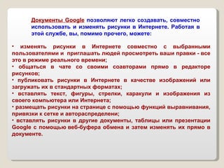 изменять рисунки в Интернете совместно с выбранными пользователями и  приглашать людей просмотреть ваши правки - все это в режиме реального времени;  общаться в чате со своими соавторами прямо в редакторе рисунков;  публиковать рисунки в Интернете в качестве изображений или загружать их в стандартных форматах;  вставлять текст, фигуры, стрелки, каракули и изображения из своего компьютера или Интернета;  размещать рисунки на странице с помощью функций выравнивания, привязки к сетке и автораспределени;  вставлять рисунки в другие документы, таблицы или презентации Google с помощью веб-буфера обмена и затем изменять их прямо в документе.  Документы Google  позволяют легко создавать, совместно использовать и изменять рисунки в Интернете. Работая в этой службе, вы, помимо прочего, можете: 