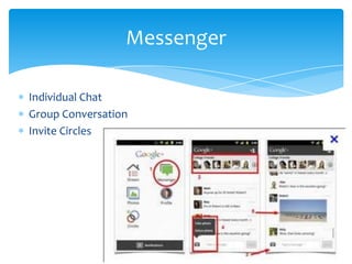 Messenger

Individual Chat
Group Conversation
Invite Circles
 