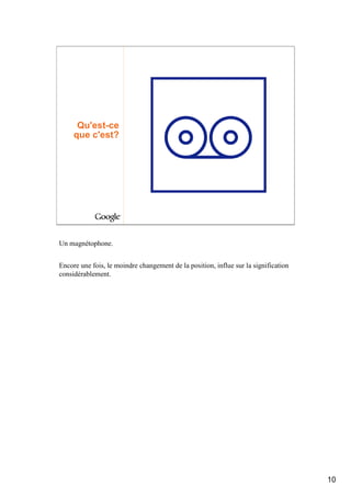 Qu'est-ce
     que c'est?




Un magnétophone.


Encore une fois, le moindre changement de la position, influe sur la signification
considérablement.




                                                                                     10
 