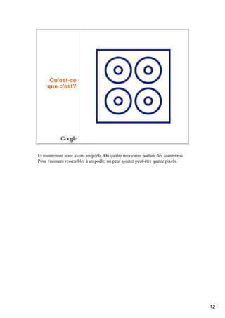 Qu'est-ce
    que c'est?




Et maintenant nous avons un poêle. Ou quatre mexicains portant des sombreros.
Pour vraiment ressembler à un poêle, on peut ajouter peut-être quatre pixels.




                                                                                12
 