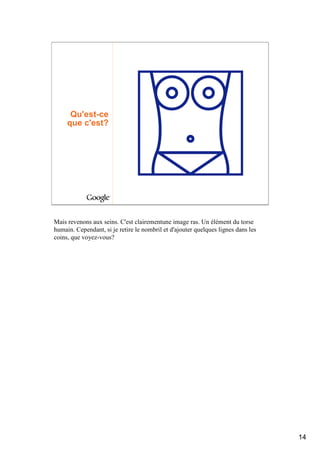 Qu'est-ce
     que c'est?




Mais revenons aux seins. C'est clairementune image ras. Un élément du torse
humain. Cependant, si je retire le nombril et d'ajouter quelques lignes dans les
coins, que voyez-vous?




                                                                                   14
 