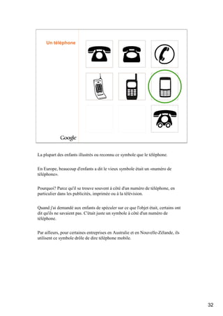 Un téléphone




La plupart des enfants illustrés ou reconnu ce symbole que le téléphone.


En Europe, beaucoup d'enfants a dit le vieux symbole était un «numéro de
téléphone».


Pourquoi? Parce qu'il se trouve souvent à côté d'un numéro de téléphone, en
particulier dans les publicités, imprimée ou à la télévision.


Quand j'ai demandé aux enfants de spéculer sur ce que l'objet était, certains ont
dit qu'ils ne savaient pas. C'était juste un symbole à côté d'un numéro de
téléphone.


Par ailleurs, pour certaines entreprises en Australie et en Nouvelle-Zélande, ils
utilisent ce symbole drôle de dire téléphone mobile.




                                                                                    32
 