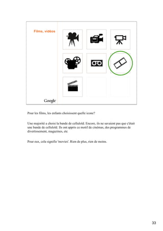Films, vidéos




Pour les films, les enfants choisissent quelle icone?


Une majorité a choisi la bande de celluloïd. Encore, ils ne savaient pas que c'était
une bande de celluloïd. Ils ont appris ce motif de cinémas, des programmes de
divertissement, magazines, etc


Pour eux, cela signifie 'movies'. Rien de plus, rien de moins.




                                                                                       33
 
