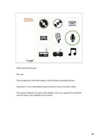 Musique,
         chansons




Which one did they pick?


This one.


They recognised it from their laptops, mobile phones, and digital devices.


Some knew it was a microphone because they have seen it in music videos.


The musical notatiion: for many of the children, this was a ringtone! It would still
work for music, but it depends on the context.




                                                                                       34
 