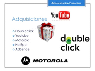 Administracion Financiera




Adquisiciones

 Doubleclick
 Youtube
 Motorola
 HotSpot
 AdSence
 