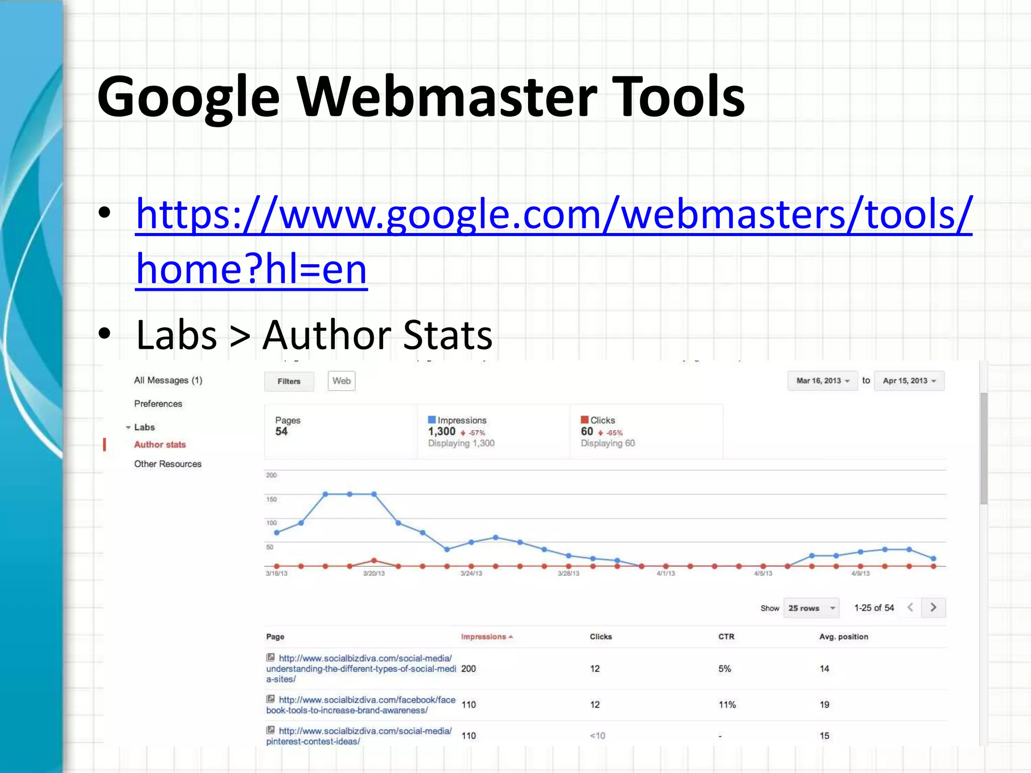 Google Webmaster Tools
• https://www.google.com/webmasters/tools/
  home?hl=en
• Labs > Author Stats
 