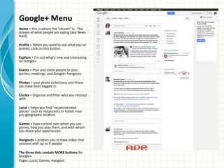 Google+ Menu
Home = this is where the “stream” is. The
stream of what people are saying (aka News
feed)

Profile = When you want to see what you’ve
posted, click on this button.

Explore = Fin out what’s new and interesting
on Google+

Events = Plan and invite people to your
parties, meetings, and Google+ hangouts.

Photos = your photo collections and those
you have been tagged in.

Circles = Organize and filter who you interact
with.

Local = helps you find “recommended
places” such as restaurants or hotels near
you geographic location

Games = have control over when you see
games, how you play them, and with whom
you share your experiences

Hangouts = enables you to have video chat
sessions with up to 9 people

The three dots contain MORE buttons for
Google+
Pages, Local, Games, Hangout
 
