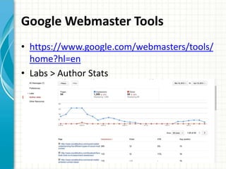 Google Webmaster Tools
• https://www.google.com/webmasters/tools/
  home?hl=en
• Labs > Author Stats
 
