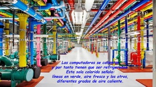 Las computadoras se calientan
y por tanto tienen que ser refrigeradas.
Esta sala colorida señala:
líneas en verde, aire fresco y los otros,
diferentes grados de aire caliente.
 