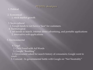 1. Political
2. Economical
1. stock market growth

3. Socio cultural
1. Google tends to not have a "face" for customers.
4. Technological
1. set trends in search, internet direct advertising, and portable applications
2. innovative web applications
5. Environmental
6. Legal
1. Click Fraud with Ad Words
1. Google “Bombing”
2. Government asked for search history of consumers; Google went to
court.
3. Comcast - In governmental battle with Google on “Net Neutrality”

 
