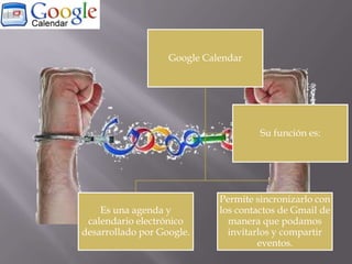 Google Calendar

Su función es:

Es una agenda y
calendario electrónico
desarrollado por Google.

Permite sincronizarlo con
los contactos de Gmail de
manera que podamos
invitarlos y compartir
eventos.

 