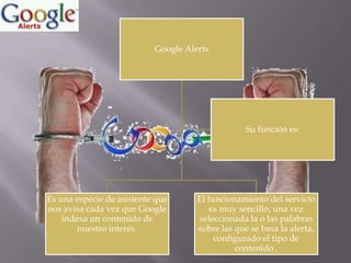 Google Alerts

Su función es:

Es una especie de asistente que
nos avisa cada vez que Google
indexa un contenido de
nuestro interés.

El funcionamiento del servicio
es muy sencillo, una vez
seleccionada la o las palabras
sobre las que se basa la alerta,
configurado el tipo de
contenido .

 