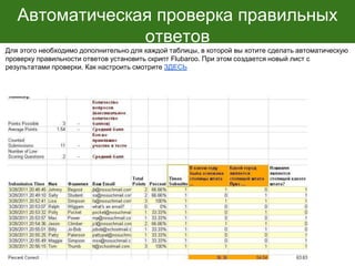 Автоматическая проверка правильных
ответов
Для этого необходимо дополнительно для каждой таблицы, в которой вы хотите сделать автоматическую
проверку правильности ответов установить скрипт Flubaroo. При этом создается новый лист с
результатами проверки. Как настроить смотрите ЗДЕСЬ
 
