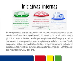 Iniciativas internas 
Su compromiso con la reducción del impacto medioambiental se ex-tiende 
las oficinas de todo el mundo. La mayoría de las iniciativas ecoló-gicas 
sus campus fueron ideadas por empleados de Google y ahora se 
han convertido en prácticas que se aplican en toda la empresa. Desde 
los paneles solares en los techos hasta el programa para ir a trabajar en 
bicicleta, estas iniciativas eliminan el equivalente a más de 16.000 tonela-das 
métricas de CO2 por año. 
 