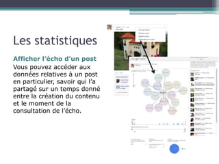 Les statistiques 
Afficher l’écho d’un post 
Vous pouvez accéder aux 
données relatives à un post 
en particulier, savoir qui l’a 
partagé sur un temps donné 
entre la création du contenu 
et le moment de la 
consultation de l’écho. 
 