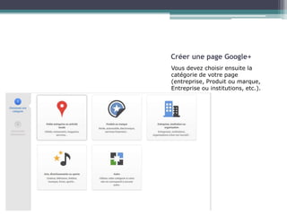 Créer une page Google+ 
Vous devez choisir ensuite la 
catégorie de votre page 
(entreprise, Produit ou marque, 
Entreprise ou institutions, etc.). 
 