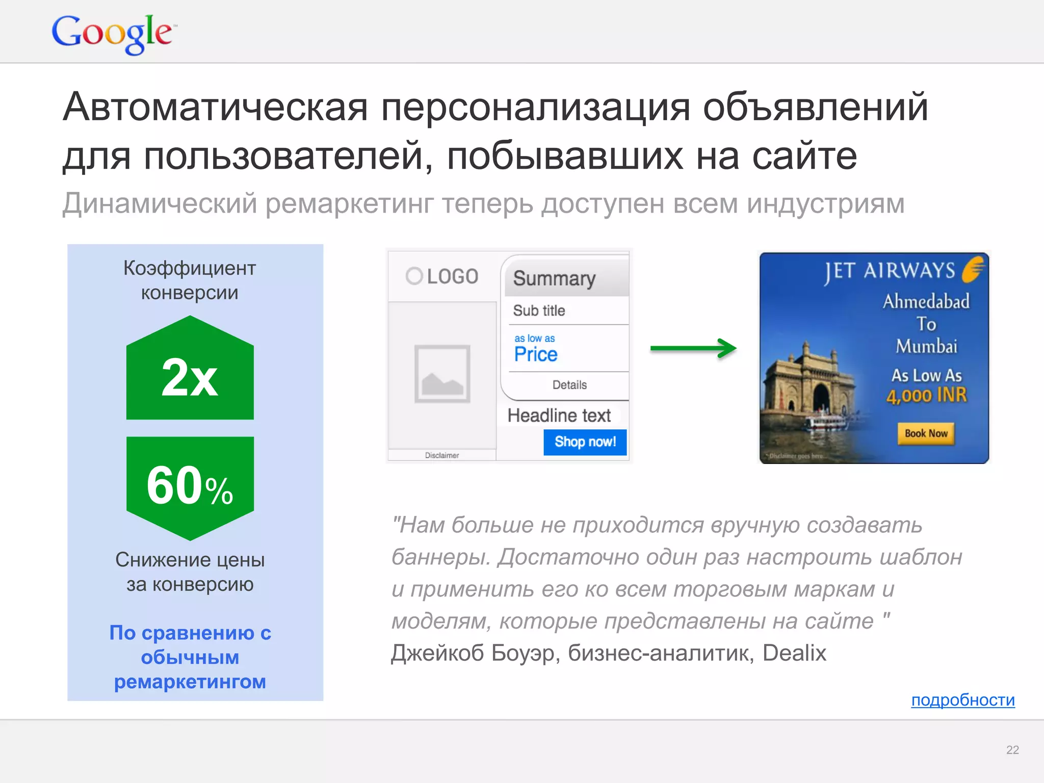 Google Confidential and Proprietary 
22 
Автоматическая персонализация объявлений для пользователей, побывавших на сайте 
"Нам больше не приходится вручную создавать баннеры. Достаточно один раз настроить шаблон и применить его ко всем торговым маркам и моделям, которые представлены на сайте " 
Джейкоб Боуэр, бизнес-аналитик, Dealix 
Динамический ремаркетинг теперь доступен всем индустриям 
подробности 
2x 
Коэффициент конверсии 
60% 
Снижение цены за конверсию 
По сравнению с 
обычным ремаркетингом 
 