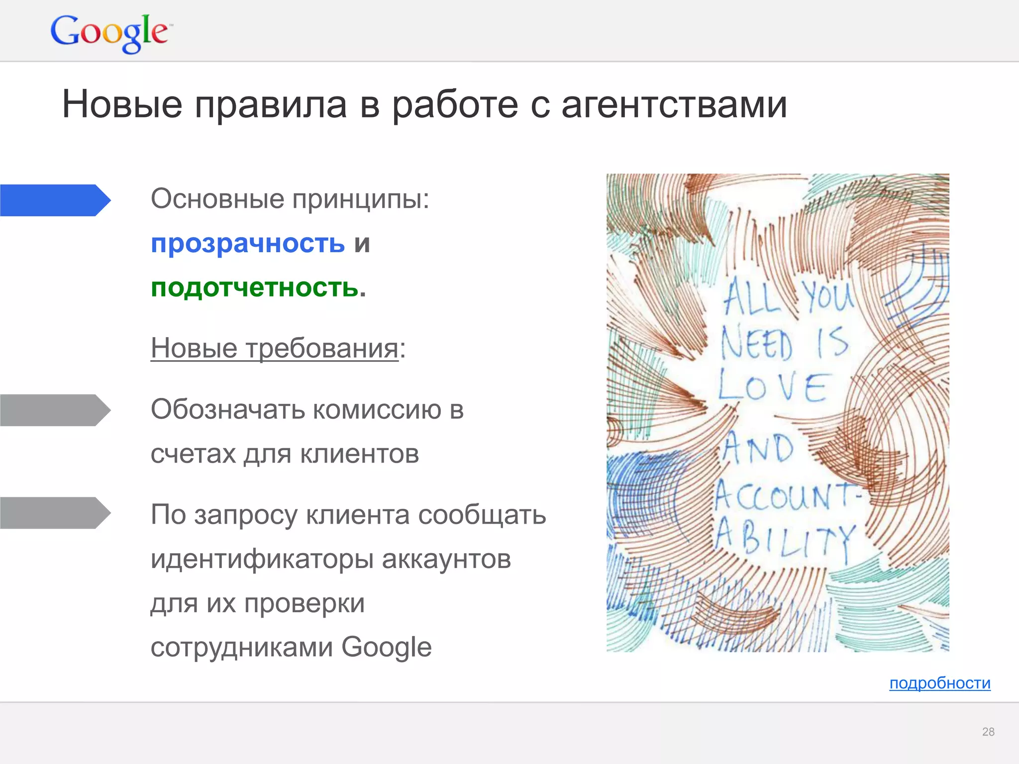 Google Confidential and Proprietary 
28 
Новые правила в работе с агентствами 
Основные принципы: прозрачность и подотчетность. Новые требования: Обозначать комиссию в счетах для клиентов По запросу клиента сообщать идентификаторы аккаунтов для их проверки сотрудниками Google 
подробности  