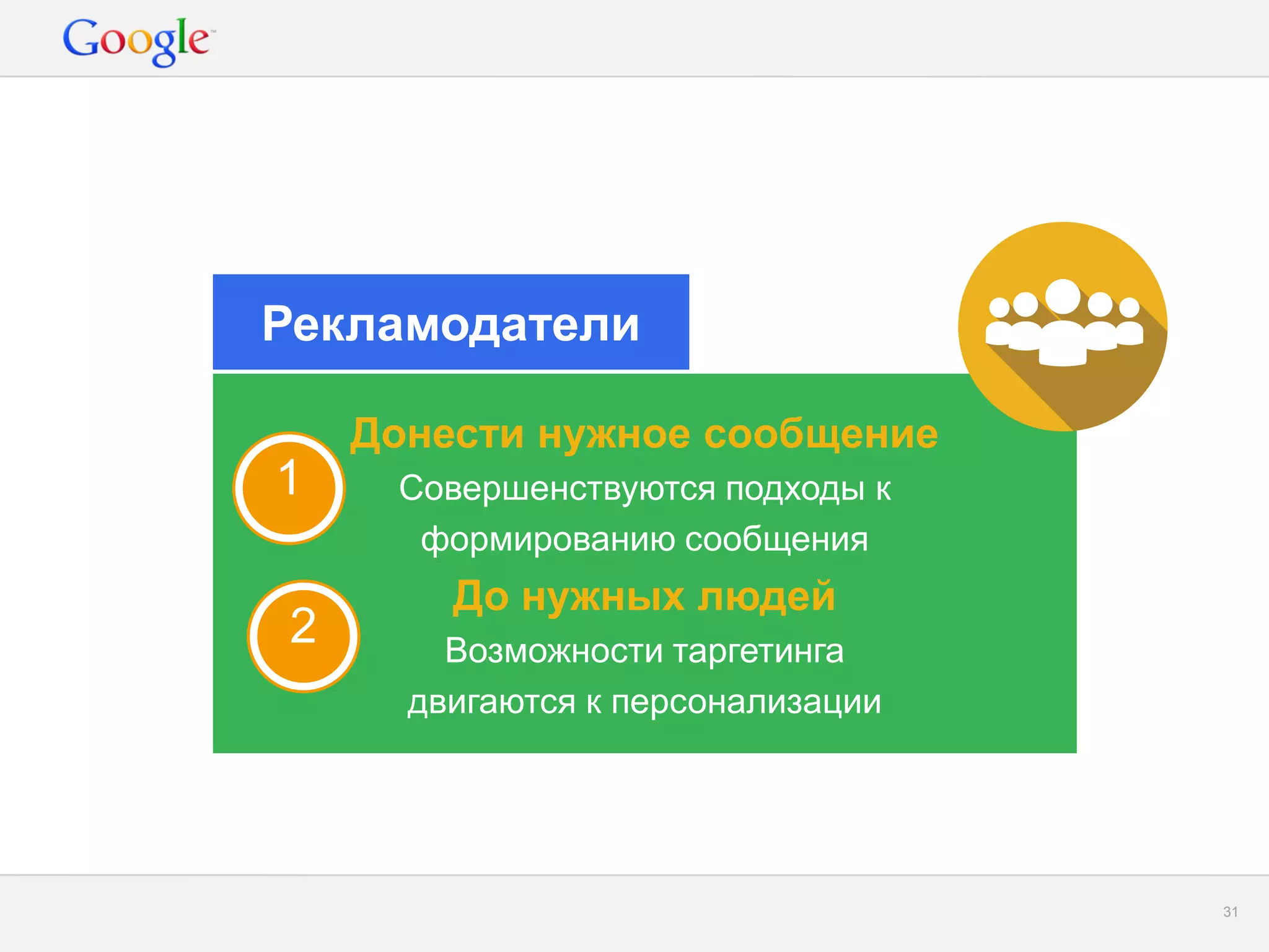 Google Confidential and Proprietary 
31 
Донести нужное сообщение 
Совершенствуются подходы к 
формированию сообщения 
До нужных людей 
Возможности таргетинга 
двигаются к персонализации 
Рекламодатели 
2 
1  