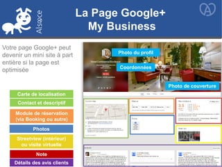 Photo du profil
Coordonnées
Photo de couverture
Carte de localisation
Votre page Google+ peut
devenir un mini site à part
entière si la page est
optimisée
Note
Module de réservation
(via Booking ou autre)
Streetview (intérieur)
ou visite virtuelle
Photos
Contact et descriptif
Détails des avis clients
La Page Google+
My Business
 