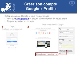 Remplissez ces champs
1 2
Créer son compte
Google « Profil »
Créer un compte Google si vous n’en avez pas
• Aller sur www.google.fr et cliquer sur connexion en haut à droite
• Cliquez sur créer un compte
 