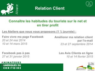 Relation Client
Les Avis Clients en ligne
10 et 14 février 2015
Améliorer ma relation client
par l’e-mail
23 et 27 septembre 2014
Facebook pas à pas
27 et 31 janvier 2015
Faire vivre ma page Facebook
20 et 24 mai 2014
10 et 14 mars 2015
Connaître les habitudes du touriste sur le net et
en tirer profit
Les Ateliers que nous vous proposons (1 ½ journée) :
 