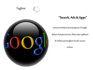 Tagline
mencerminkan kemampuan Google
dalam hal pencarian, iklan dan aplikasi
di dalam perangkat lunak secara
online.
“Search,Ads & Apps”
 