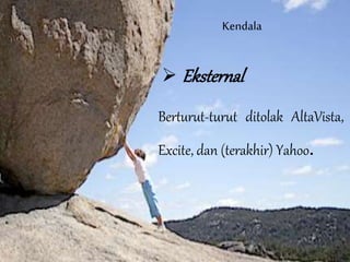 Kendala
 Eksternal
Berturut-turut ditolak AltaVista,
Excite, dan (terakhir) Yahoo.
 