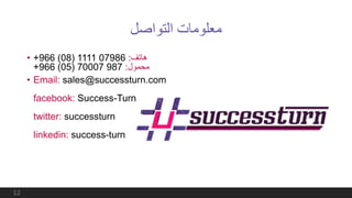 ‫التواصل‬ ‫معلومات‬
• ‫هاتف‬:079861111(08)966+
‫محمول‬:98770007(05)966+
• Email: sales@successturn.com
facebook: Success-Turn
twitter: successturn
linkedin: success-turn
12
 
