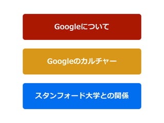 Googleについて
Googleのカルチャー
スタンフォード⼤大学との関係
 