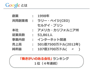 とは
創業 　 　 　 　： 　1998年年  
共同創業者 　： 　ラリー・ペイジ(CEO)      
                                     　 　セルゲイ・ブリン  
本社 　 　 　 　： 　アメリカ・カリフォルニア州  
従業員数 　 　： 　53,861⼈人  
事業内容 　 　： 　インターネット関連  
売上⾼高 　 　 　： 　501億7500万ドル(2012年年)  
純利利益 　 　 　： 　107億3700万ドル(   　〃 　  )
 　 　 　 　 　 　 　 　 　ランキング  
１位（４年年連続）
「働きがいのある会社」
 
