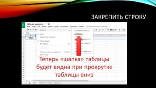 ЗАКРЕПИТЬ СТРОКУ
Теперь «шапка» таблицы
будет видна при прокрутке
таблицы вниз
 