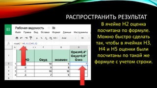 РАСПРОСТРАНИТЬ РЕЗУЛЬТАТ
В ячейке H2 оценка
посчитана по формуле.
Можно быстро сделать
так, чтобы в ячейках H3,
H4 и H5 оценки были
посчитаны по такой же
формуле с учетом строки.
 