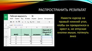 РАСПРОСТРАНИТЬ РЕЗУЛЬТАТ
Навести курсор на
правый нижний угол,
чтобы он превратился в
крест и, не отпуская
кнопки мыши, потянуть
вниз
 