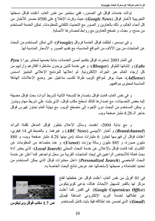 ‫عن‬ ‫معرفته‬ ‫تحب‬ ‫ما‬ ‫كل‬‫البحث‬ ‫محرك‬Google
10
‫نسختها‬ ‫قوقل‬ ‫أعلنت‬ ،‫العام‬ ‫نفس‬ ‫من‬ ‫سبتمبر‬ ‫ففي‬ ،‫الصدور‬ ‫في‬ ‫قوقل‬ ‫خدمات‬ ‫توالت‬
‫أل‬ ‫التجريبية‬( ‫قوقل‬ ‫خبار‬Google News‫على‬ ‫اإلطالع‬ ‫وفرت‬ ‫حيث‬ ،)0788‫من‬ ‫لألخبار‬ ‫مصدر‬
.‫للمعلومات‬ ‫التلقائي‬ ‫التحديث‬ ‫مع‬ ‫الصور‬ ‫و‬ ‫بالعناوين‬ ‫ذلك‬ ‫و‬ ،‫العالم‬ ‫أنحاء‬ ‫كل‬‫المستخدم‬ ‫الخدمة‬ ‫تمكن‬
.‫األصلية‬ ‫لمصادرها‬ ‫روابط‬ ‫مع‬ ‫للعناوين‬ ‫تصفح‬ ‫و‬ ،‫بحث‬ ‫و‬ ،‫مسح‬ ‫من‬
‫فروقل‬ ‫الخدمة‬ ‫قوقل‬ ‫أطلقت‬ ،‫ديسمبر‬ ‫في‬ ‫و‬(Froogle‫البحث‬ ‫من‬ ‫المستخدم‬ ‫تمكن‬ ‫التي‬ ،)
.‫لها‬ ‫المناسبة‬ ‫األسعار‬ ‫و‬ ‫الصور‬ ‫تقديم‬ ‫مع‬ ،‫المناسبة‬ ‫المواقع‬ ‫من‬ ‫اآلالف‬ ‫بين‬ ‫من‬ ‫المنتجات‬ ‫عن‬
‫العام‬ ‫في‬5882( ‫بيرا‬ ‫لمخابر‬ ‫بضمها‬ ‫بداية‬ ،‫الخدمات‬ ‫أحسن‬ ‫بتقديم‬ ‫قوقل‬ ‫إستمرت‬Pyra
Labs( ‫للبلوقر‬ ‫إنشائها‬ ‫و‬ )Blooger‫ير‬ ‫للذين‬ ‫خدمة‬ ‫هي‬ ‫و‬ ،)‫من‬ ‫وآرائهم‬ ‫أفكارهم‬ ‫مشاطرة‬ ‫يدون‬
‫آدسنس‬ ‫المتميز‬ ‫اإلعالني‬ ‫للبرنامج‬ ‫إعالنها‬ ‫ثم‬ .‫اإللكترونية‬ ‫الجرائد‬ ‫عبر‬ ‫العالم‬ ‫أرجاء‬ ‫كل‬
(AdSense‫مداخي‬ ‫لكسب‬ ‫طرقا‬ ‫الويب‬ ‫لمواقع‬ ‫يوفر‬ ‫حيث‬ ،)‫ل‬‫الهادفة‬ ‫اإلعالنات‬ ‫وضع‬ ‫عبر‬
.‫مواقعهم‬ ‫لمحتوى‬ ‫المناسبة‬
‫للنسخ‬ ‫بإصدارها‬ ‫قوقل‬ ‫قامت‬ ،‫العام‬ ‫نفس‬ ‫في‬ ‫و‬‫مضيفة‬ ‫قوقل‬ ‫بحث‬ ‫أدوات‬ ‫لشريط‬ ‫الثانية‬ ‫ة‬
‫ويندوز‬ ‫مهام‬ ‫شريط‬ ‫على‬ ‫يثبت‬ ‫الذي‬ ،‫قوقل‬ ‫مكتب‬ ‫لسطح‬ ‫كذلك‬ ‫إصدارها‬ ‫مع‬ ،‫التحسينات‬ ‫بعض‬ ‫إليه‬
‫قوقل‬ ‫فهرس‬ ‫تجاوز‬ ‫العام‬ ‫نهاية‬ ‫مع‬ .‫الويب‬ ‫متصفح‬ ‫إلى‬ ‫اللجوء‬ ‫دون‬ ‫البحث‬ ‫من‬ ‫المستخدم‬ ‫يمكن‬ ‫و‬
‫الـ‬ ‫حاجر‬0.50.‫ويب‬ ‫صفحة‬ ‫مليار‬
‫بداية‬ ‫مع‬ ‫و‬5880‫إهتم‬ ،‫البراند‬ ‫كقناة‬ ‫المذهل‬ ‫قوقل‬ ‫بتطور‬ ‫اإلعالم‬ ‫وسائل‬ ‫ت‬
(Brandchannel( ‫اآليبيسي‬ ‫أخبار‬ ‫و‬ )ABC News‫في‬ ‫بالضبط‬ ‫و‬ .‫غيرهما‬ ‫و‬ )80،‫فيفري‬
‫تجاوز‬ ‫فهرسها‬ ‫أن‬ ‫قوقل‬ ‫أعلنت‬1‫بينها‬ ‫(من‬ ‫مستند‬ ‫مليارات‬0.50‫و‬ ،‫ويب‬ ‫صفحة‬ ‫مليار‬008
‫و‬ ،‫صورة‬ ‫مليون‬007( ‫يوزنت‬ ‫رسالة‬ ‫مليون‬Usenet‫م‬ ‫عدد‬ ‫و‬ ،)‫عن‬ ‫المعلومات‬ ‫من‬ ‫تصاعد‬
‫المحلي‬ ‫البحث‬ ‫خدمة‬ ‫عن‬ ‫باإلعالن‬ ‫قوقل‬ ‫قامت‬ ‫كما‬ .)‫الكتب‬(Local Search)‫أداة‬ ‫يعتبر‬ ‫الذي‬ ،
‫خدمة‬ ‫عن‬ ‫أعلن‬ ‫كما‬ .‫تواجدهم‬ ‫محل‬ ‫من‬ ‫القريبة‬ ‫المنتجات‬ ‫إيجاد‬ ‫في‬ ‫الراغبين‬ ‫لألشخاص‬ ‫فعالة‬ ‫بحث‬
( ‫الشخصي‬ ‫البحث‬Personalized Search‫ا‬ ‫يمكن‬ ‫الذي‬ ‫قوقل‬ ‫مختبرات‬ ‫داخل‬ )‫من‬ ‫لمستخدم‬
.‫به‬ ‫الخاصة‬ ‫البحث‬ ‫نتائج‬ ‫عرض‬ ‫عند‬ ‫إلستعمالها‬ ‫ضبطها‬ ‫و‬ ‫إهتماماته‬ ‫تحديد‬
‫في‬88‫لفتح‬ ‫خططها‬ ‫عن‬ ‫قوقل‬ ‫أعلنت‬ ،‫العام‬ ‫نفس‬ ‫من‬ ‫أفريل‬
‫كوبرنيكوس‬ ‫يدعى‬ ،‫هناك‬ ‫األبحاث‬ ‫لتسهيل‬ ‫بالقمر‬ ‫لها‬ ‫مركز‬
(Google Copernicus Office‫أعلنت‬ ‫كما‬ .‫القمر‬ ‫في‬ )
‫اإل‬ ‫البريد‬ ‫لخدمة‬ ‫إطالقها‬ ‫عن‬‫قيمايل‬ ‫المذهلة‬ ‫لكتروني‬
(Gmail)‫بايت‬ ‫قيقا‬ ‫إطالقه‬ ‫عند‬ ‫تضمن‬ ‫الذي‬ ،‫للمستخدم‬ ‫كامل‬‫ص‬1.1‫وبرنيكوس‬ ‫قوقل‬ ‫مكتب‬
 