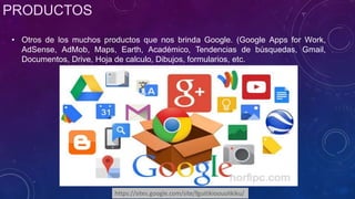 PRODUCTOS
• Otros de los muchos productos que nos brinda Google. (Google Apps for Work,
AdSense, AdMob, Maps, Earth, Académico, Tendencias de búsquedas, Gmail,
Documentos, Drive, Hoja de calculo, Dibujos, formularios, etc.
https://sites.google.com/site/fguitikioouolikiku/
 