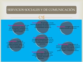 
Google Mail: El principal y el más
importante servicio de correo electrónico
de internet, con todas las
funcionalidades necesarias.
Google Plus: Google+, segunda red
social en tamaño en internet.
Google Hangouts: Servicio de
mensajería instantánea para enviar
mensajes, hacer llamadas y efectuar
video conferencias entre varias
personas. Google Gruops: Crea grupos de
debate sobre cualquier tema, donde los
usuarios pueden crear nuevos grupos o
unirse a los existentes, crear
publicaciones y compartir archivos.
Google Play Music: Es una tienda
oline que facilita tener nuestra
música disponible en la nube para
oírla usando dispositivos
diferentes.
Google Play: Tienda de
contenidos Android, donde se
pueden encontrar miles de
aplicaciones de juegos, libros,
películas, y canciones gratis.
Google Cultural Institute: Es una
especie de museo virtual en el
que se exponen y promocionan
eventos culturales y artísticos de
todo el mundo.
SERVICIOS SOCIALES Y DE COMUNICACIÓN
 