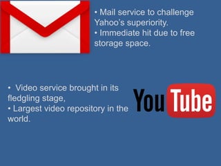 • Mail service to challenge
Yahoo’s superiority.
• Immediate hit due to free
storage space.
• Video service brought in its
fledgling stage,
• Largest video repository in the
world.
 