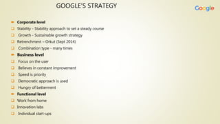GOOGLE’S STRATEGY
 Corporate level
 Stability - Stability approach to set a steady course
 Growth - Sustainable growth strategy
 Retrenchment – Orkut (Sept 2014)
 Combination type - many times
 Business level
 Focus on the user
 Believes in constant improvement
 Speed is priority
 Democratic approach is used
 Hungry of betterment
 Functional level
 Work from home
 Innovation labs
 Individual start-ups
 