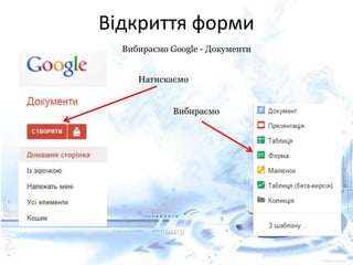 Відкриття форми
Вибираємо Google - Документи
Натискаємо
Вибираємо
 