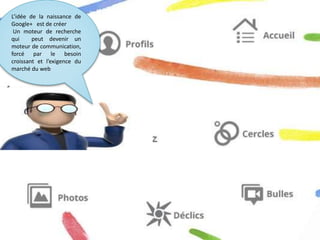L’idée de la naissance de
Google+ est de créer
Un moteur de recherche
qui peut devenir un
moteur de communication,
forcé par le besoin
croissant et l’exigence du
marché du web
 