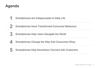 Google Confidential and Proprietary
Agenda
4
1 Smartphones are Indispensable to Daily Life
2 Smartphones Have Transformed Consumer Behaviour
3 Smartphones Help Users Navigate the World
4 Smartphones Change the Way that Consumers Shop
5 Smartphones Help Advertisers Connect with Customers
 