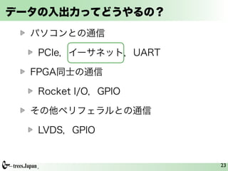 データの入出力ってどうやるの？
  パソコンとの通信

   PCIe，イーサネット，UART

  FPGA同士の通信

   Rocket I/O，GPIO

  その他ペリフェラルとの通信

   LVDS，GPIO


                      23
 