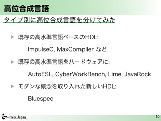 高位合成言語
タイプ別に高位合成言語を分けてみた

   既存の高水準言語ベースのHDL:

    ImpulseC, MaxCompiler など

   既存の高水準言語をハードウェアに:

    AutoESL, CyberWorkBench, Lime, JavaRock

   モダンな概念を取り入れた新しいHDL:

    Bluespec


                                              30
 