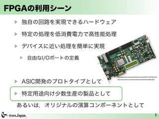 FPGAの利用シーン
  独自の回路を実現できるハードウェア

  特定の処理を低消費電力で高性能処理

  デバイスに近い処理を簡単に実現

   自由なI/Oポートの定義


                      http://japan.xilinx.com/products/boards-and-kits/EK-K7-KC705-G.htm



  ASIC開発のプロトタイプとして
                      http://www.micron.com/about/news-and-events/events/xfest-2012




  特定用途向け少数生産の製品として

 あるいは，オリジナルの演算コンポーネントとして
                                                                                      5
 