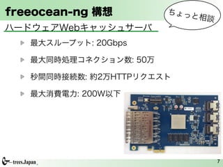 freeocean-ng 構想         ちょっ
                           と相談
ハードウェアWebキャッシュサーバ
   最大スループット: 20Gbps

   最大同時処理コネクション数: 50万

   秒間同時接続数: 約2万HTTPリクエスト

   最大消費電力: 200W以下




                                 7
 