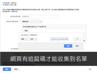 32
網頁有追蹤碼才能收集到名單
 