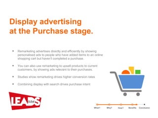 Display advertising
at the Purchase stage.
• Remarketing advertises directly and efficiently by showing
personalised ads to people who have added items to an online
shopping cart but haven't completed a purchase.
• You can also use remarketing to upsell products to current
customers, by showing ads relevant to their purchases.
• Studies show remarketing drives higher conversion rates
• Combining display with search drives purchase intent
What? Benefits ConclusionWhy? How?
 