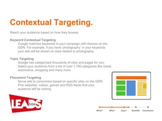 Reach your audience based on how they browse:
Keyword Contextual Targeting
Google matches keywords in your campaign with themes on the
GDN. For example, if you have ‘photography’ in your keywords
your ads will be shown on sites related to photography
Topic Targeting
Google has categorised thousands of sites and pages for you.
Select your audience from a list of over 1,700 categories like travel,
automotive, shopping and many more
Placement Targeting
Serve ads to consumers based on specific sites on the GDN.
Pick websites, videos, games and RSS feeds that your
audience will be visiting
Contextual Targeting.
What? Benefits ConclusionWhy? How?
 