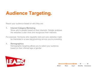 Reach your audience based on who they are:
1. Interest Category Marketing
Show ads to people based on their interests. Google analyses
the websites a user visits and recognizes their interests
For example: Someone who regularly visits pet care websites might
be interested in a new dog grooming service you're promoting.
1. Demographics
Demographic targeting allows you to select your audience
based on their inferred age or gender
Audience Targeting.
What? Benefits ConclusionWhy? How?
 